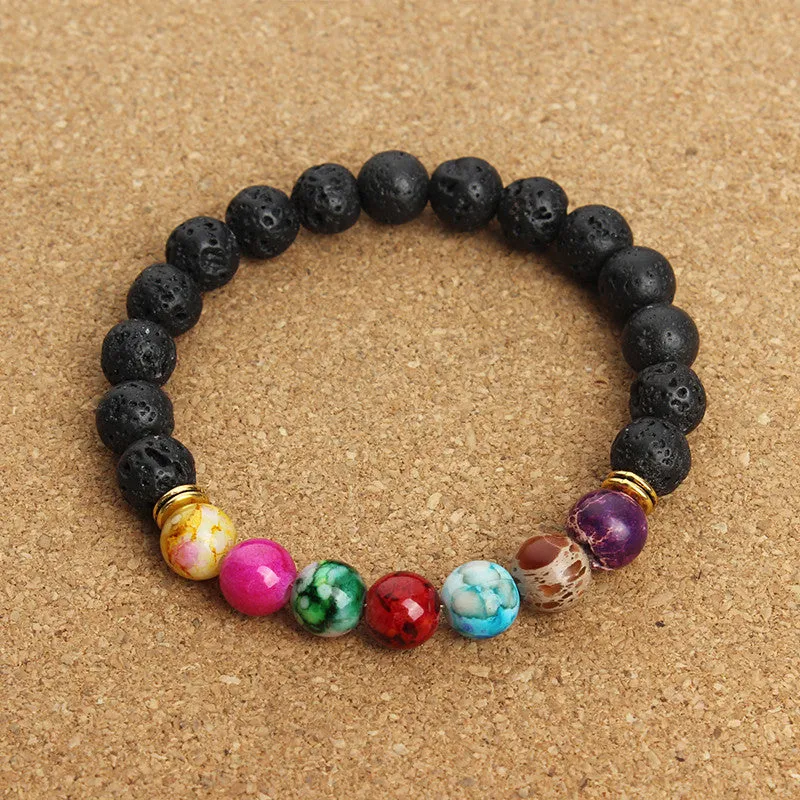 New Natural Black Lava Stone Bracelets 7 Reiki Chakra Healing Balance Beads Bracelet for Men Women Stretch Yoga Jewelry