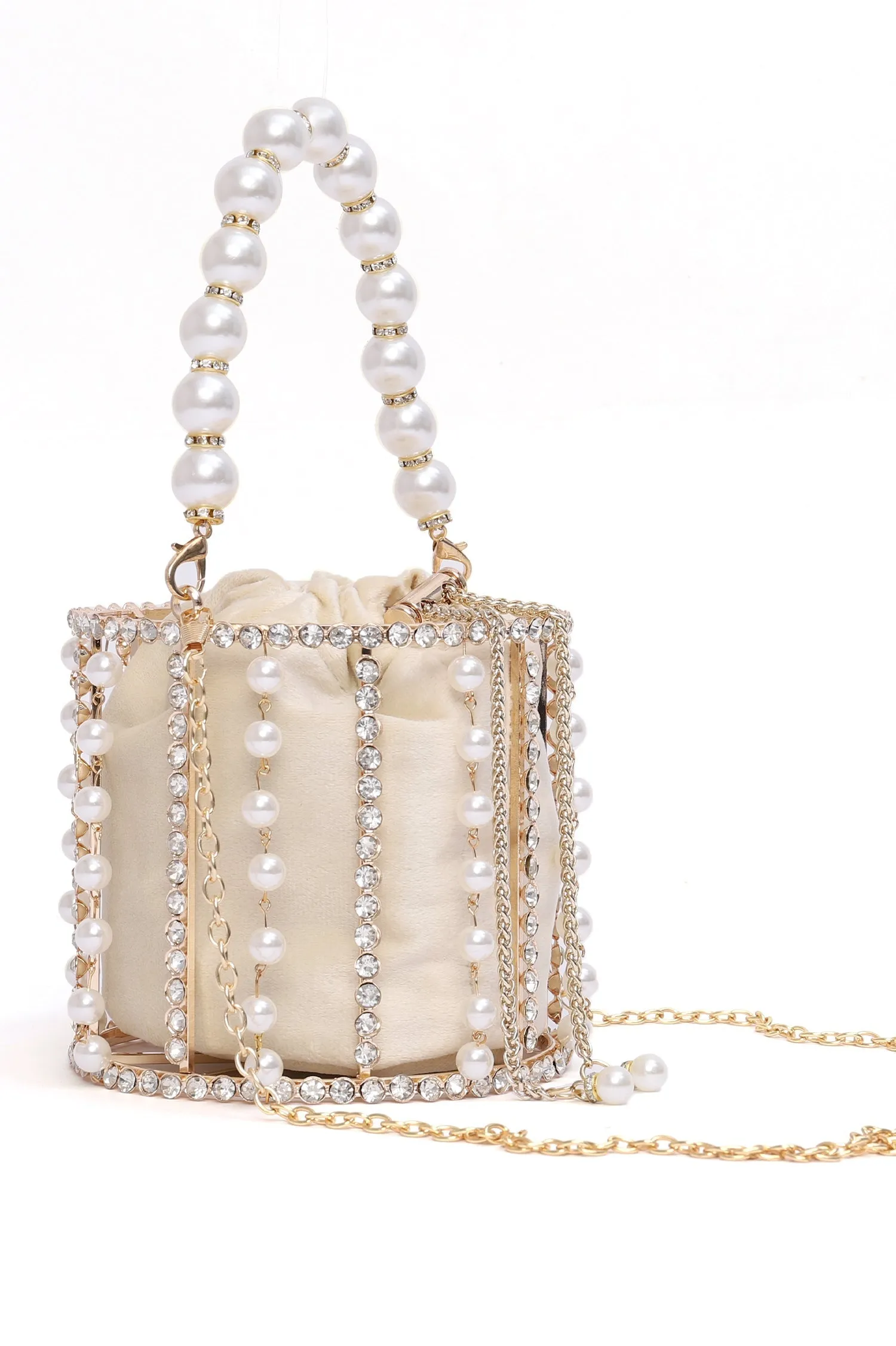 PEARLY BUCKET CLUTCH-BEIGE