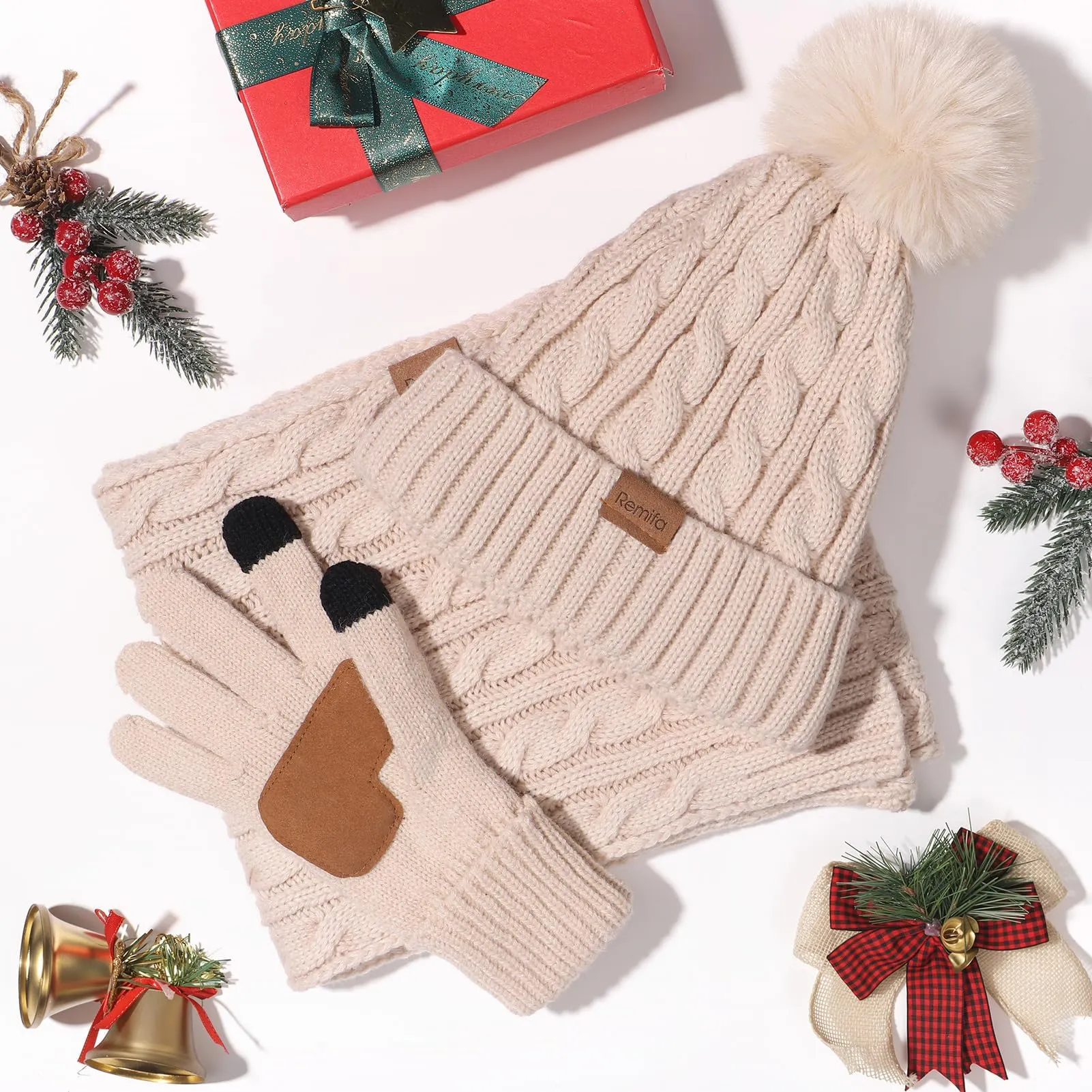 Remifa Winter Beanie Hat Scarf Gloves Set for Women, 3 PCS Pom Pom Hat Touchscreen Glove Long Neck Kint Scarf Christmas Gift
