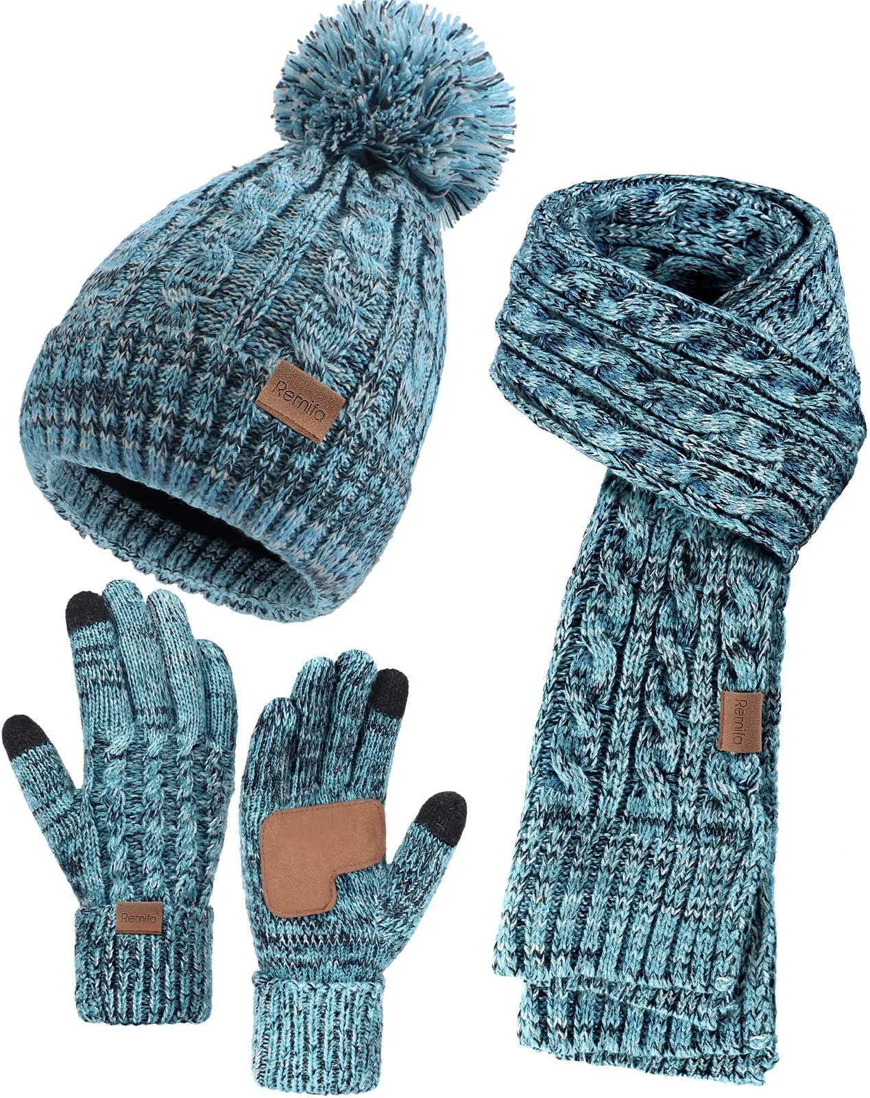 Remifa Winter Beanie Hat Scarf Gloves Set for Women, 3 PCS Pom Pom Hat Touchscreen Glove Long Neck Kint Scarf Christmas Gift