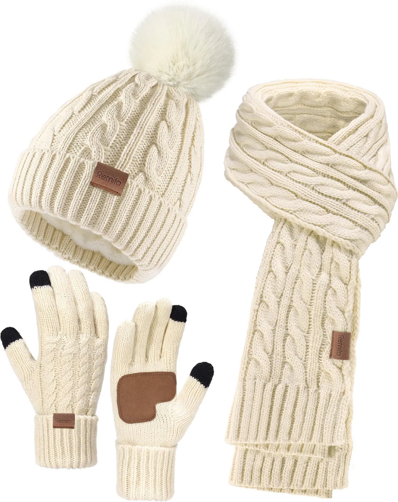 Remifa Winter Beanie Hat Scarf Gloves Set for Women, 3 PCS Pom Pom Hat Touchscreen Glove Long Neck Kint Scarf Christmas Gift