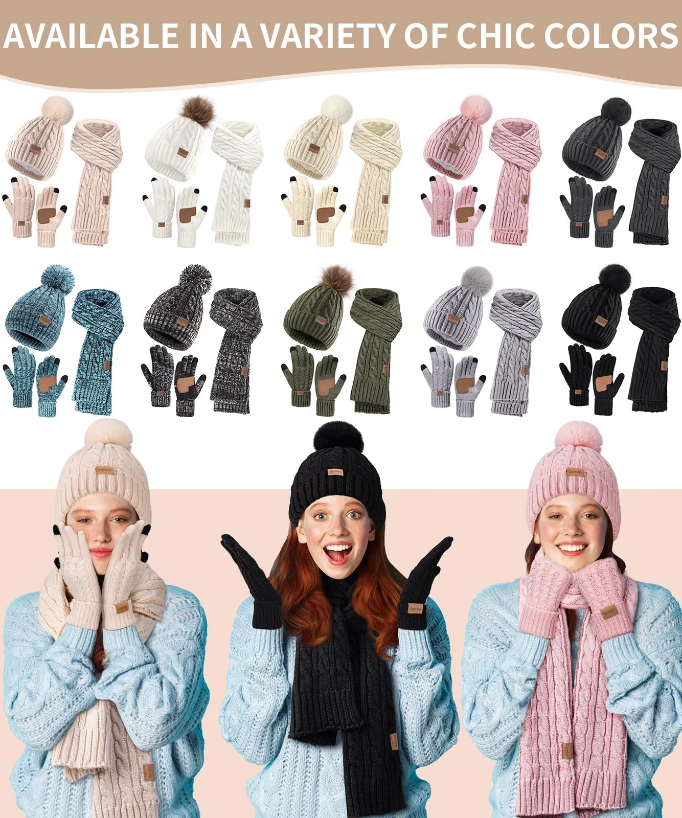 Remifa Winter Beanie Hat Scarf Gloves Set for Women, 3 PCS Pom Pom Hat Touchscreen Glove Long Neck Kint Scarf Christmas Gift