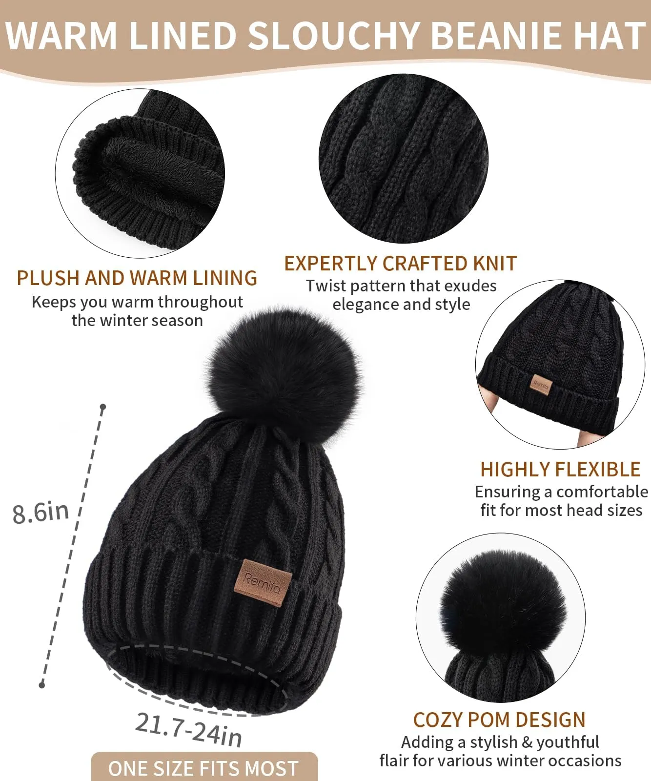 Remifa Winter Beanie Hat Scarf Gloves Set for Women, 3 PCS Pom Pom Hat Touchscreen Glove Long Neck Kint Scarf Christmas Gift