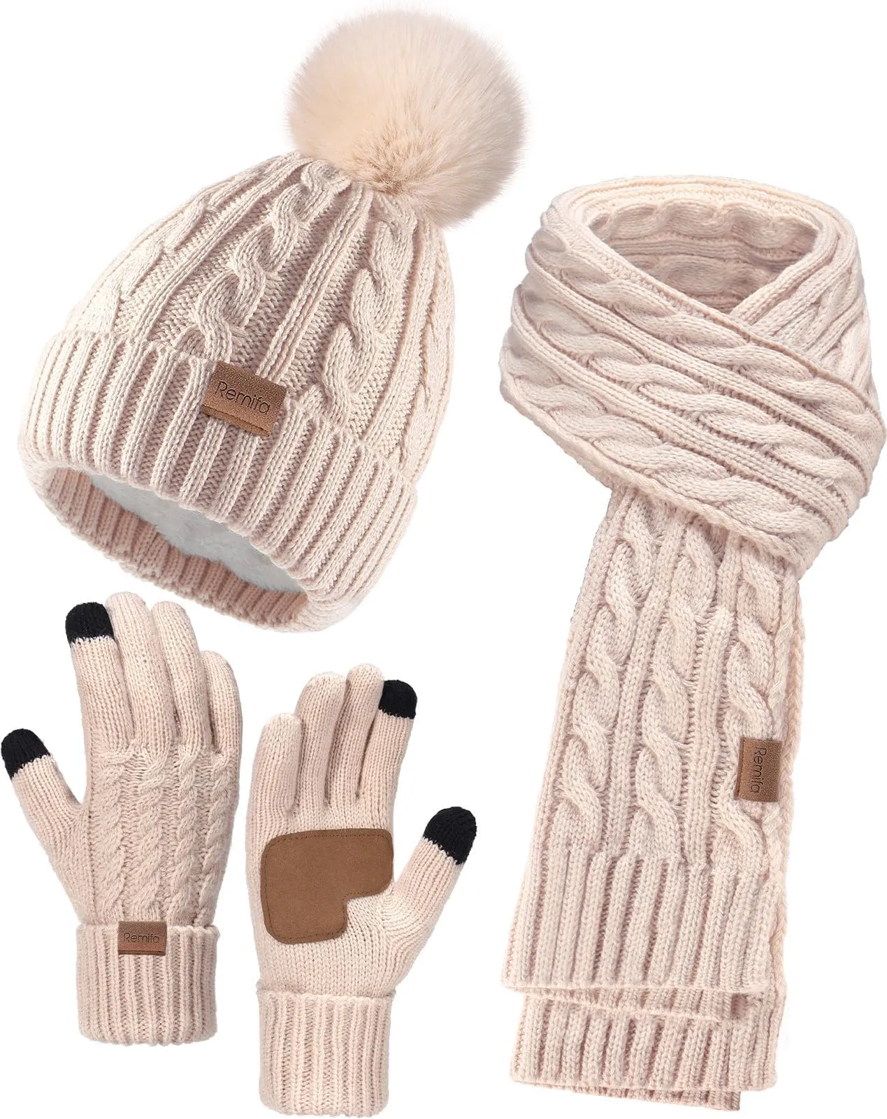 Remifa Winter Beanie Hat Scarf Gloves Set for Women, 3 PCS Pom Pom Hat Touchscreen Glove Long Neck Kint Scarf Christmas Gift