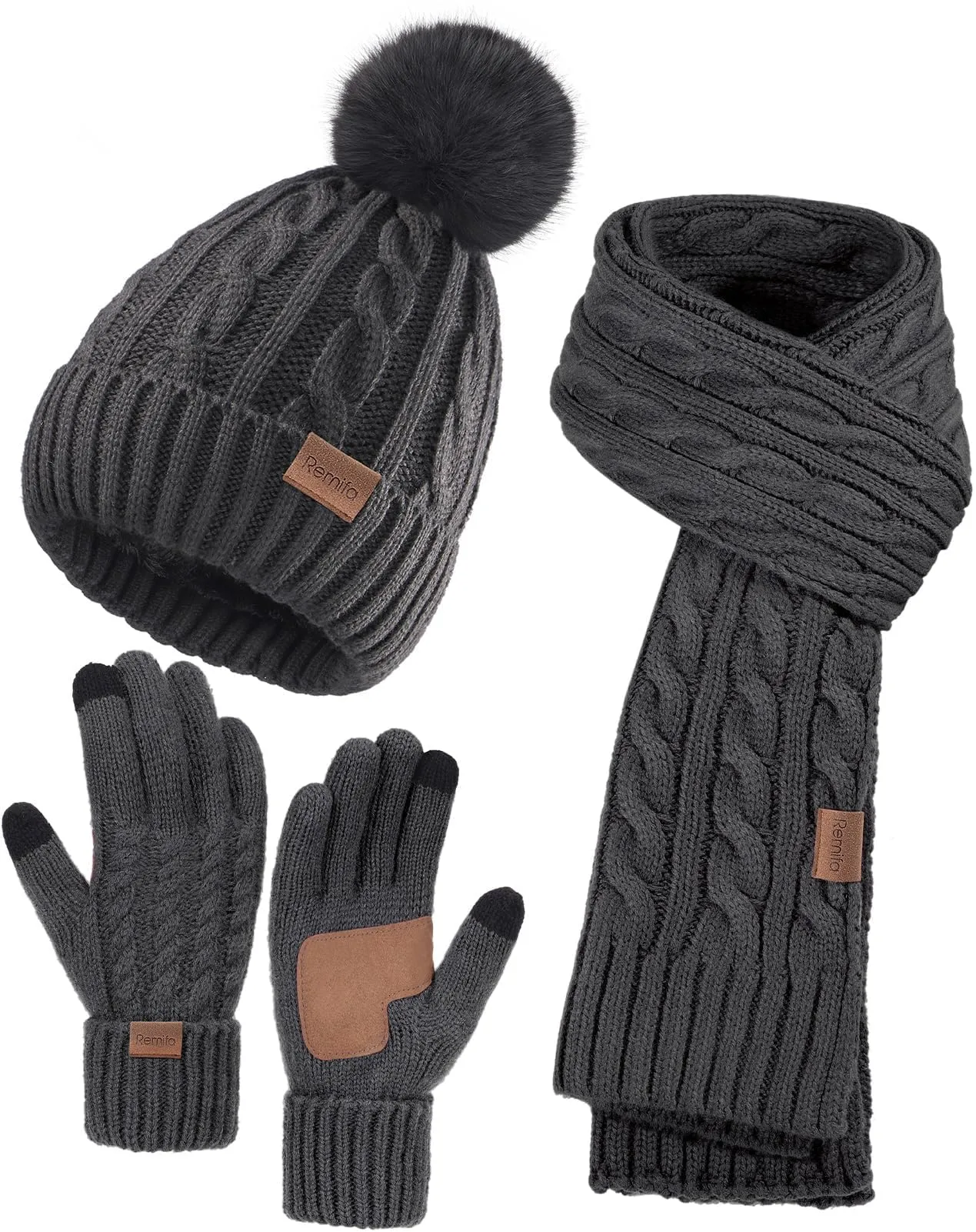 Remifa Winter Beanie Hat Scarf Gloves Set for Women, 3 PCS Pom Pom Hat Touchscreen Glove Long Neck Kint Scarf Christmas Gift