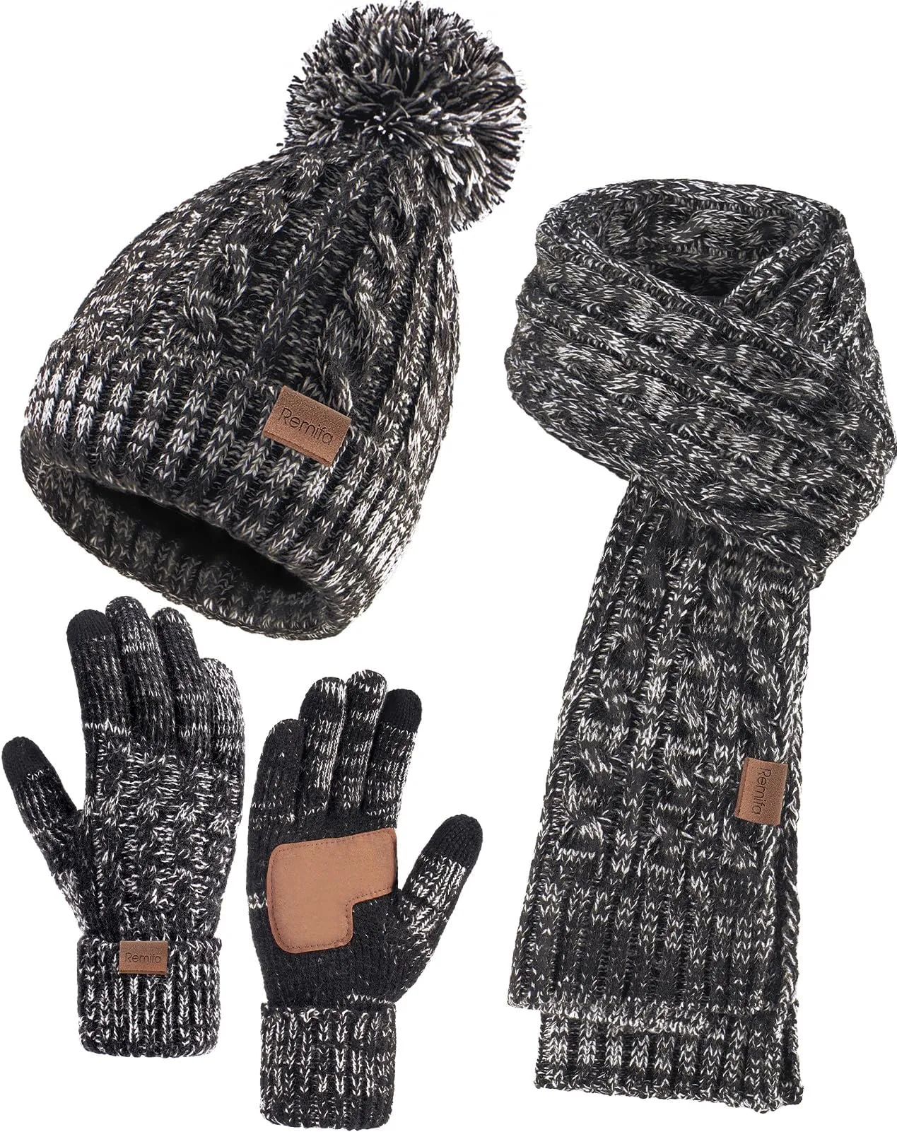 Remifa Winter Beanie Hat Scarf Gloves Set for Women, 3 PCS Pom Pom Hat Touchscreen Glove Long Neck Kint Scarf Christmas Gift