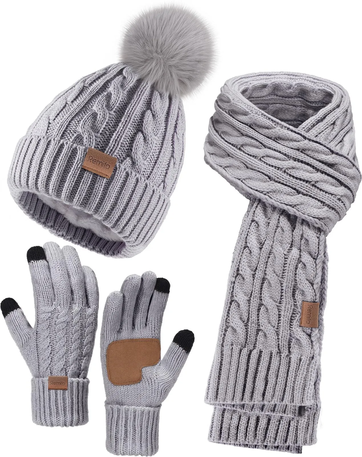 Remifa Winter Beanie Hat Scarf Gloves Set for Women, 3 PCS Pom Pom Hat Touchscreen Glove Long Neck Kint Scarf Christmas Gift