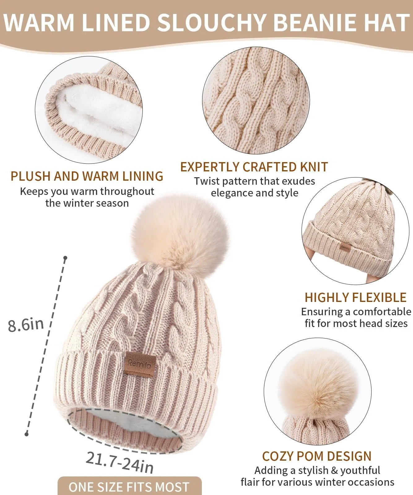 Remifa Winter Beanie Hat Scarf Gloves Set for Women, 3 PCS Pom Pom Hat Touchscreen Glove Long Neck Kint Scarf Christmas Gift