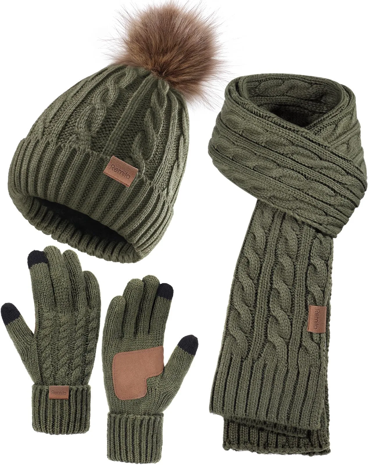 Remifa Winter Beanie Hat Scarf Gloves Set for Women, 3 PCS Pom Pom Hat Touchscreen Glove Long Neck Kint Scarf Christmas Gift