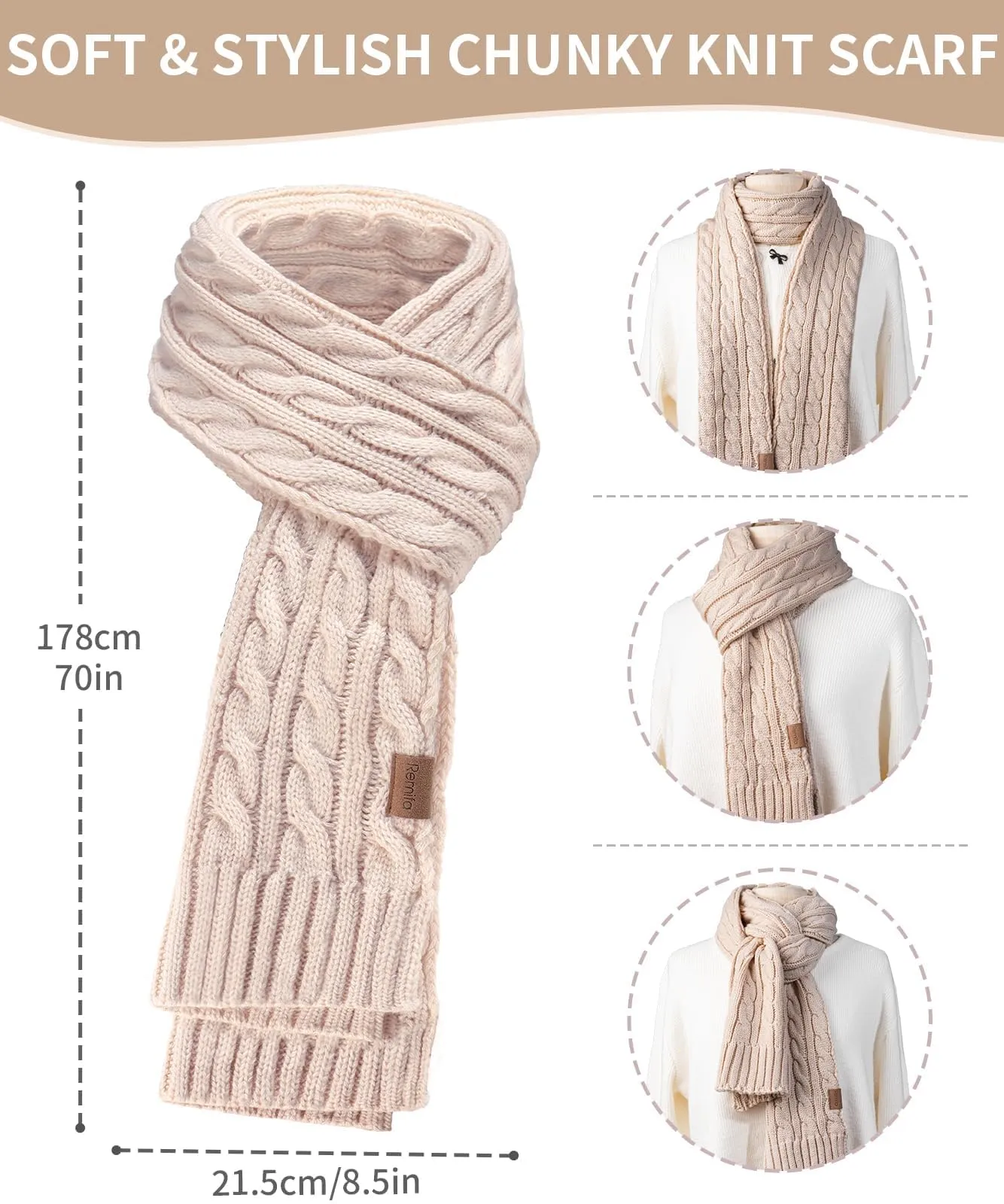 Remifa Winter Beanie Hat Scarf Gloves Set for Women, 3 PCS Pom Pom Hat Touchscreen Glove Long Neck Kint Scarf Christmas Gift