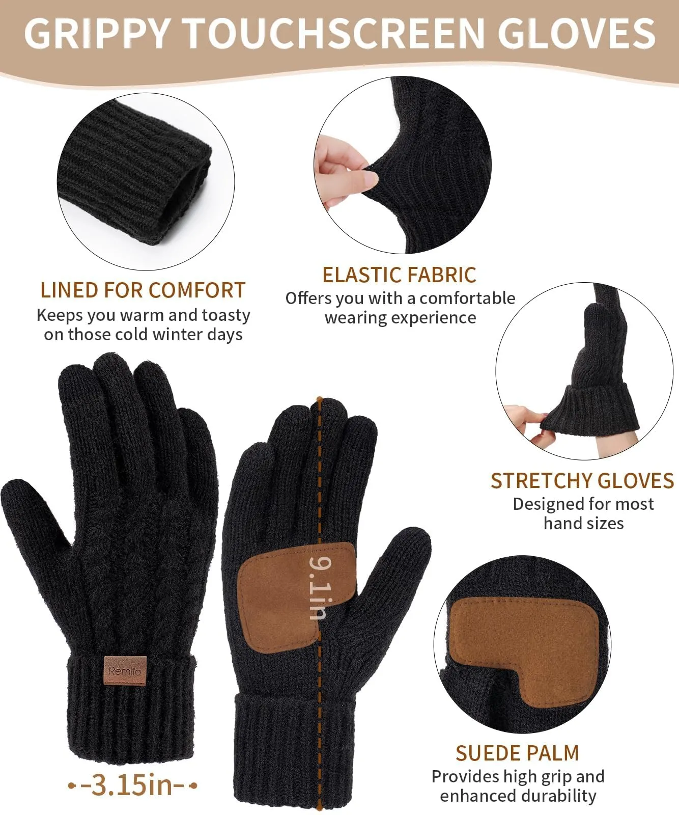 Remifa Winter Beanie Hat Scarf Gloves Set for Women, 3 PCS Pom Pom Hat Touchscreen Glove Long Neck Kint Scarf Christmas Gift