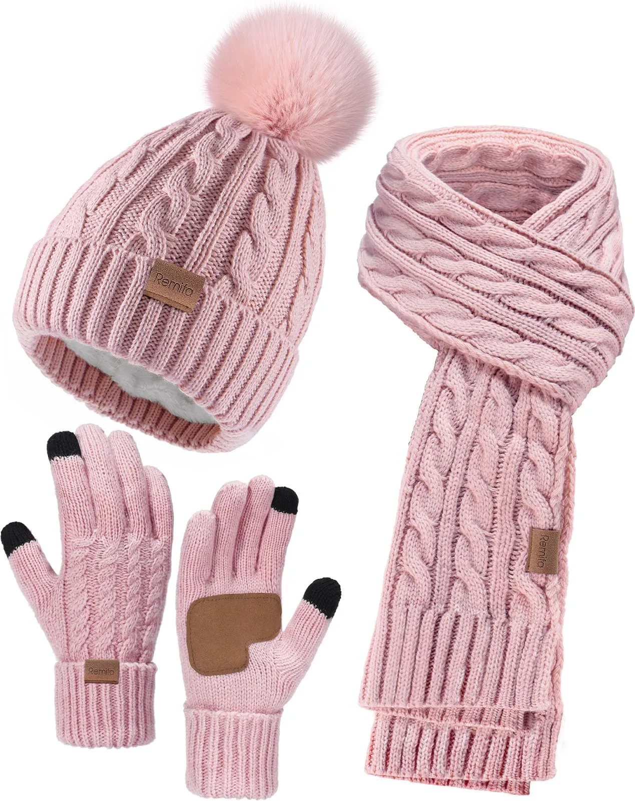 Remifa Winter Beanie Hat Scarf Gloves Set for Women, 3 PCS Pom Pom Hat Touchscreen Glove Long Neck Kint Scarf Christmas Gift