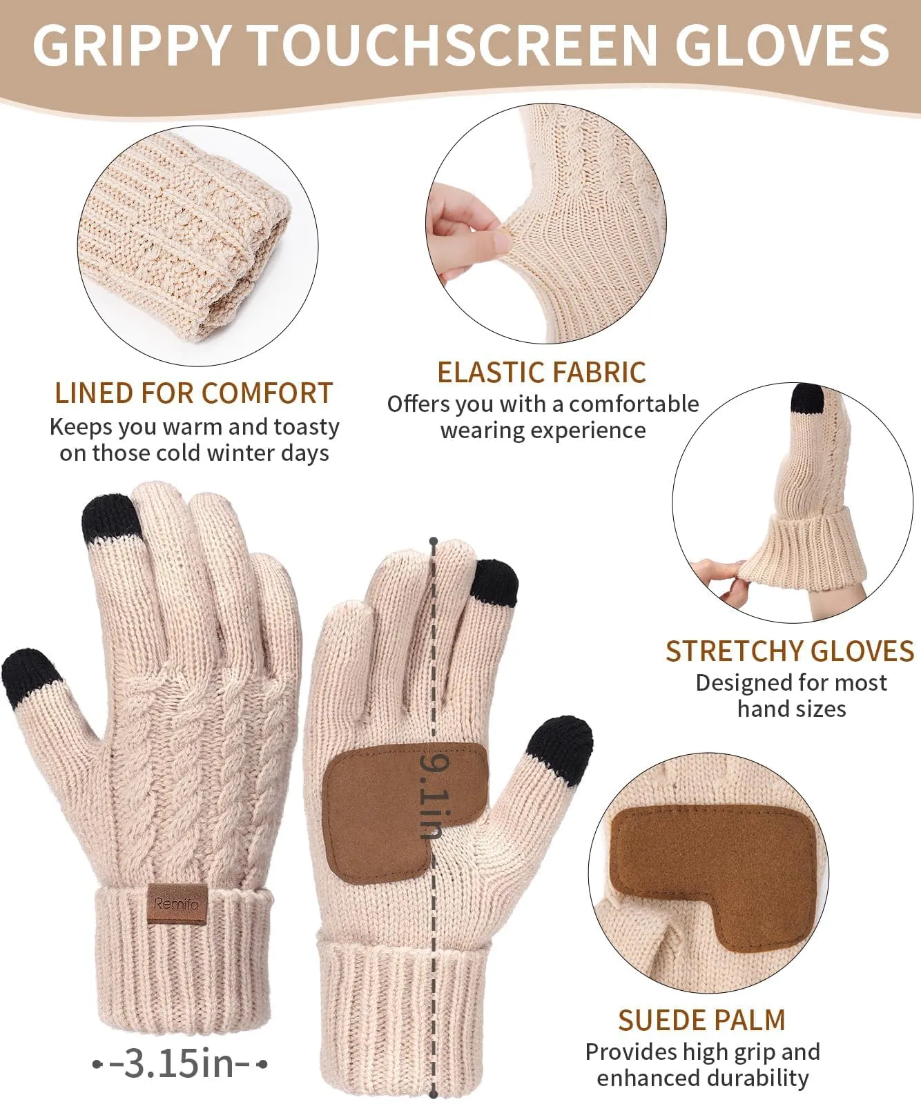 Remifa Winter Beanie Hat Scarf Gloves Set for Women, 3 PCS Pom Pom Hat Touchscreen Glove Long Neck Kint Scarf Christmas Gift