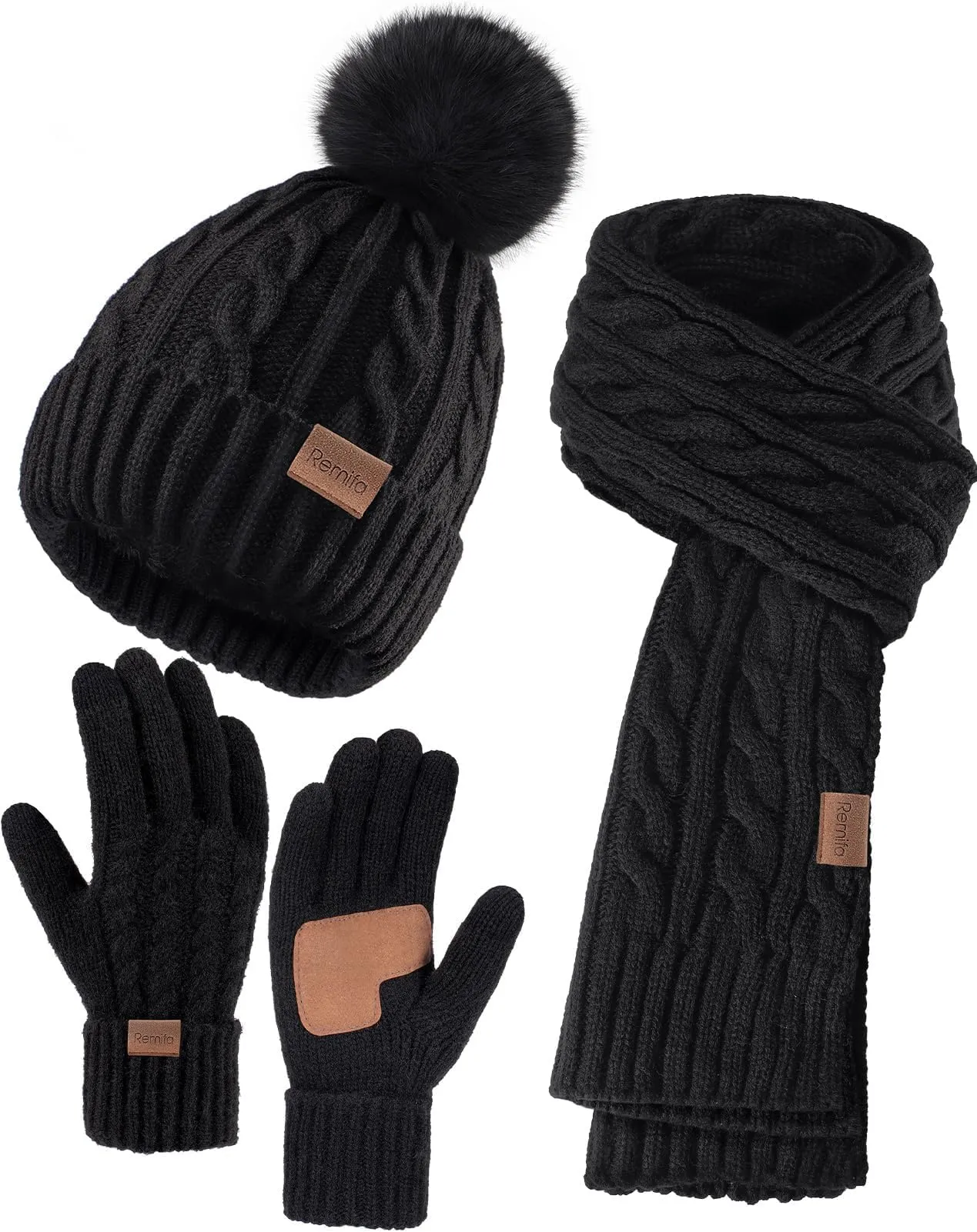 Remifa Winter Beanie Hat Scarf Gloves Set for Women, 3 PCS Pom Pom Hat Touchscreen Glove Long Neck Kint Scarf Christmas Gift
