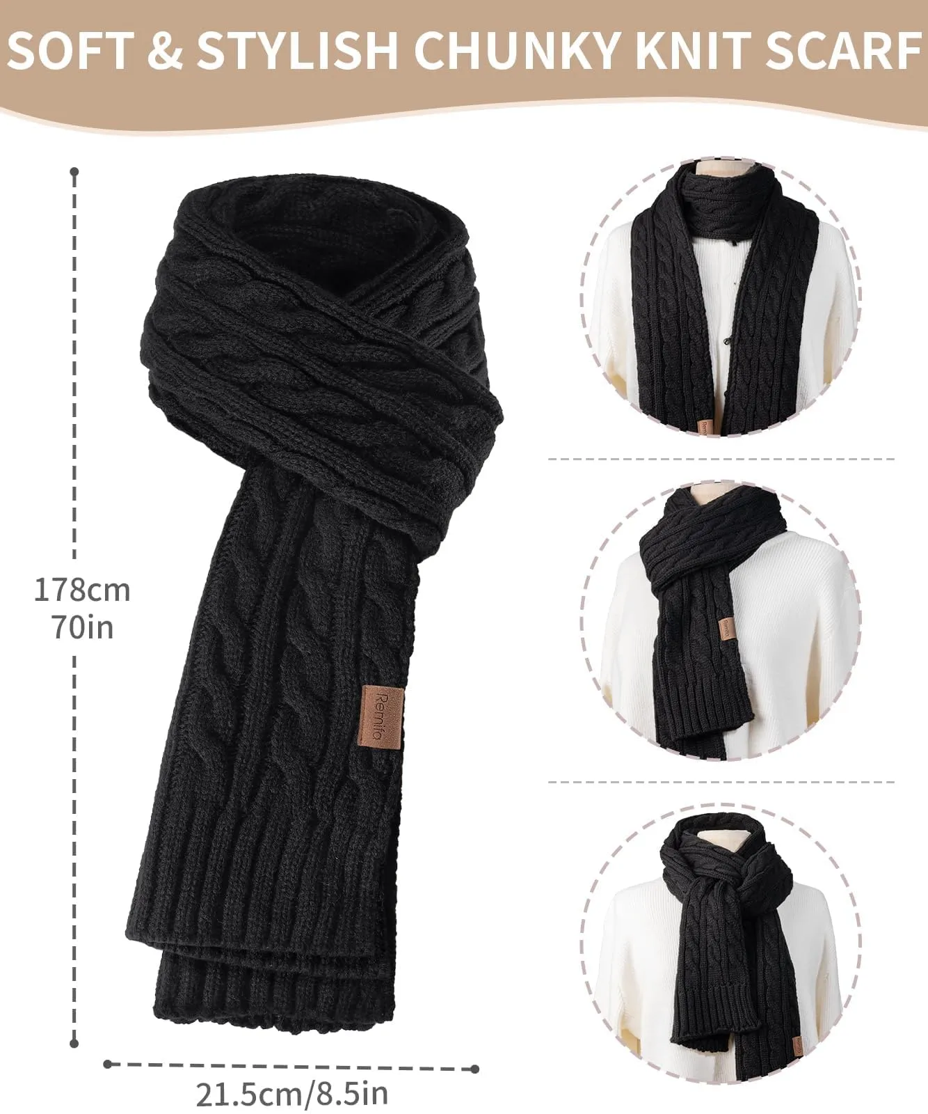 Remifa Winter Beanie Hat Scarf Gloves Set for Women, 3 PCS Pom Pom Hat Touchscreen Glove Long Neck Kint Scarf Christmas Gift
