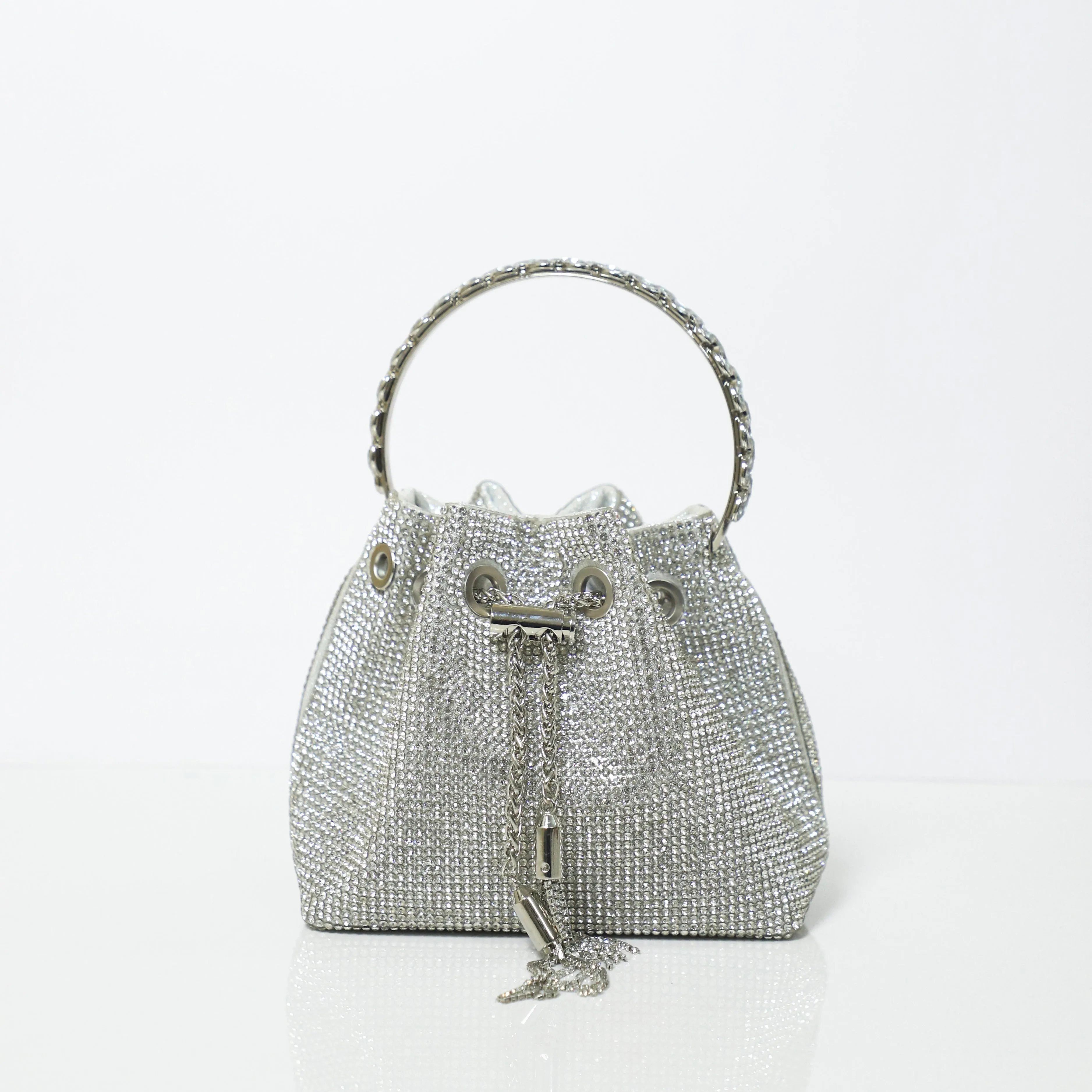 Silver Embellished Bucket Bag with Detachable Sling