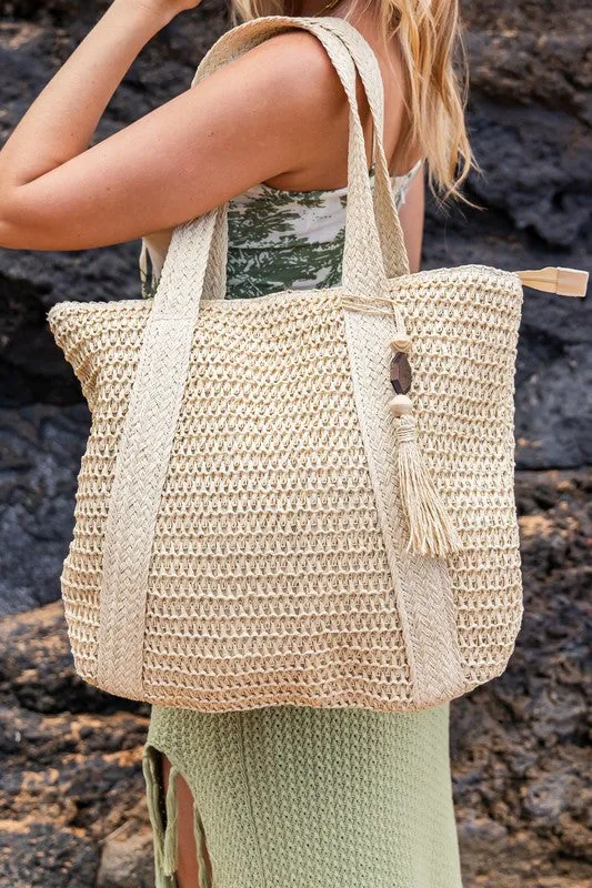 Stylish Carry All Spacious Trendy Straw Tote Bag with Wooden Bead Tassel