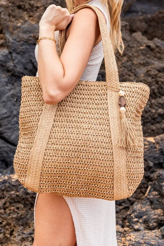 Stylish Carry All Spacious Trendy Straw Tote Bag with Wooden Bead Tassel