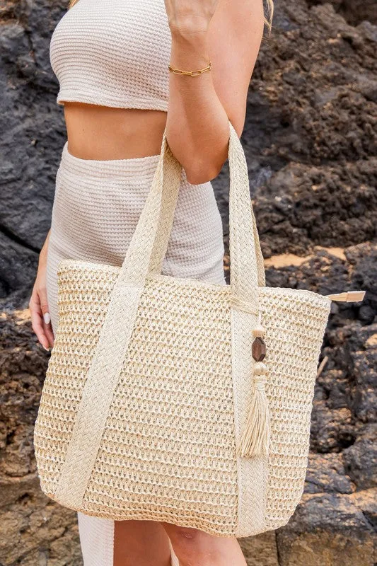 Stylish Carry All Spacious Trendy Straw Tote Bag with Wooden Bead Tassel