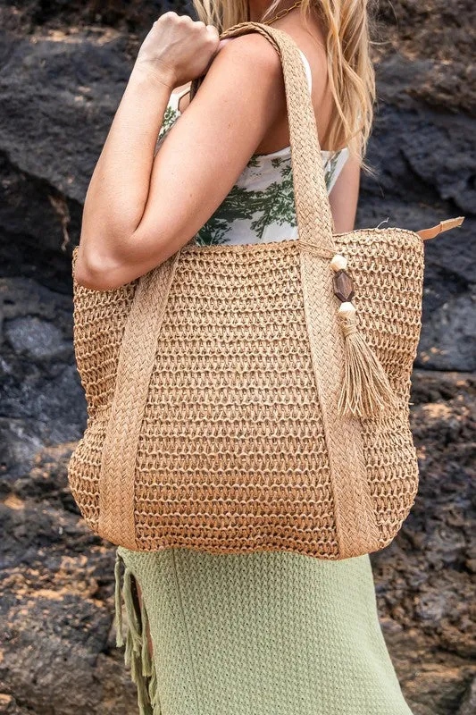 Stylish Carry All Spacious Trendy Straw Tote Bag with Wooden Bead Tassel