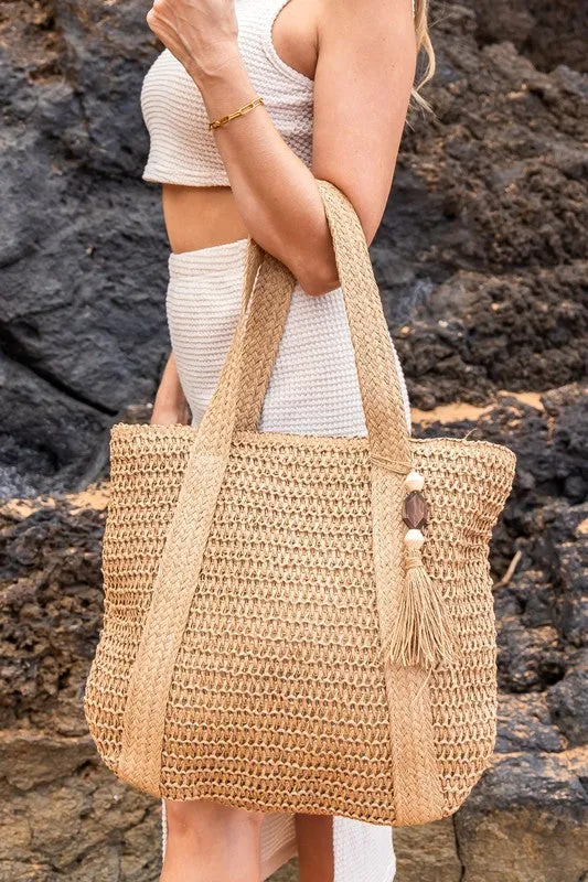 Stylish Carry All Spacious Trendy Straw Tote Bag with Wooden Bead Tassel