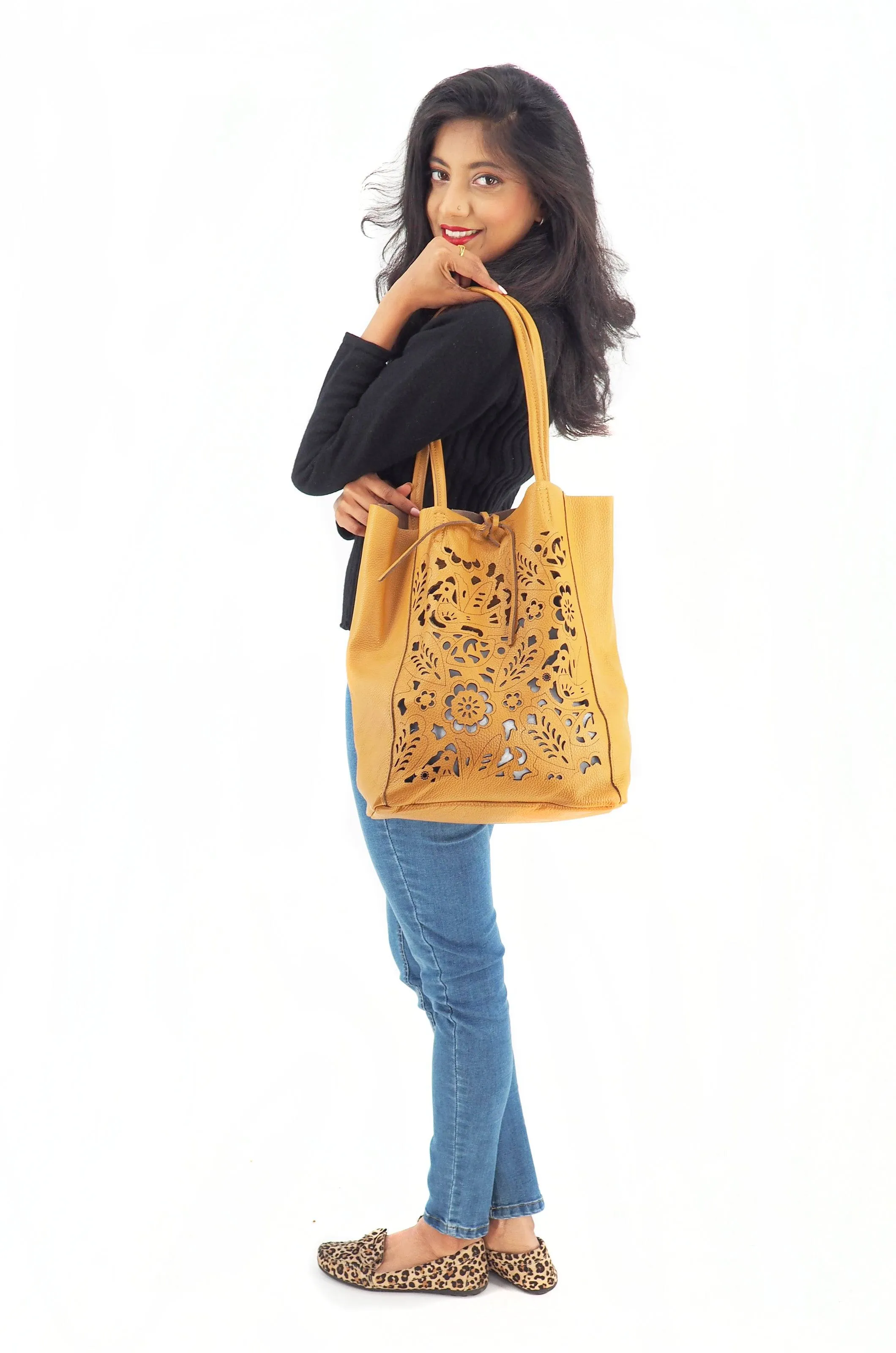 Tan Genuine Leather Handbag Shopping Bag Handmade In Italy