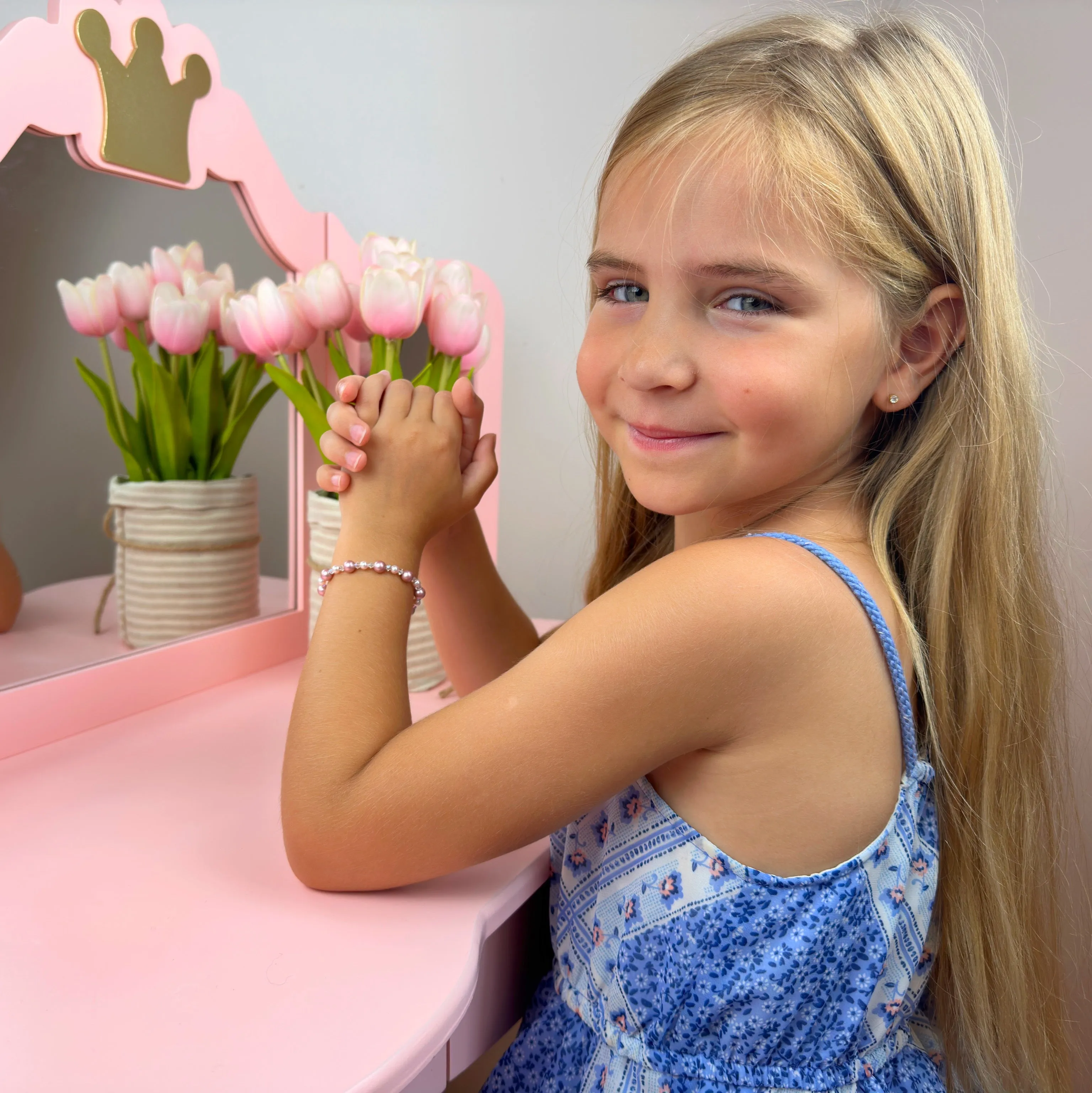 Teen Girl Bracelets with Rose & White Pearls & Clear Crystals