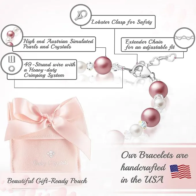 Teen Girl Bracelets with Rose & White Pearls & Clear Crystals