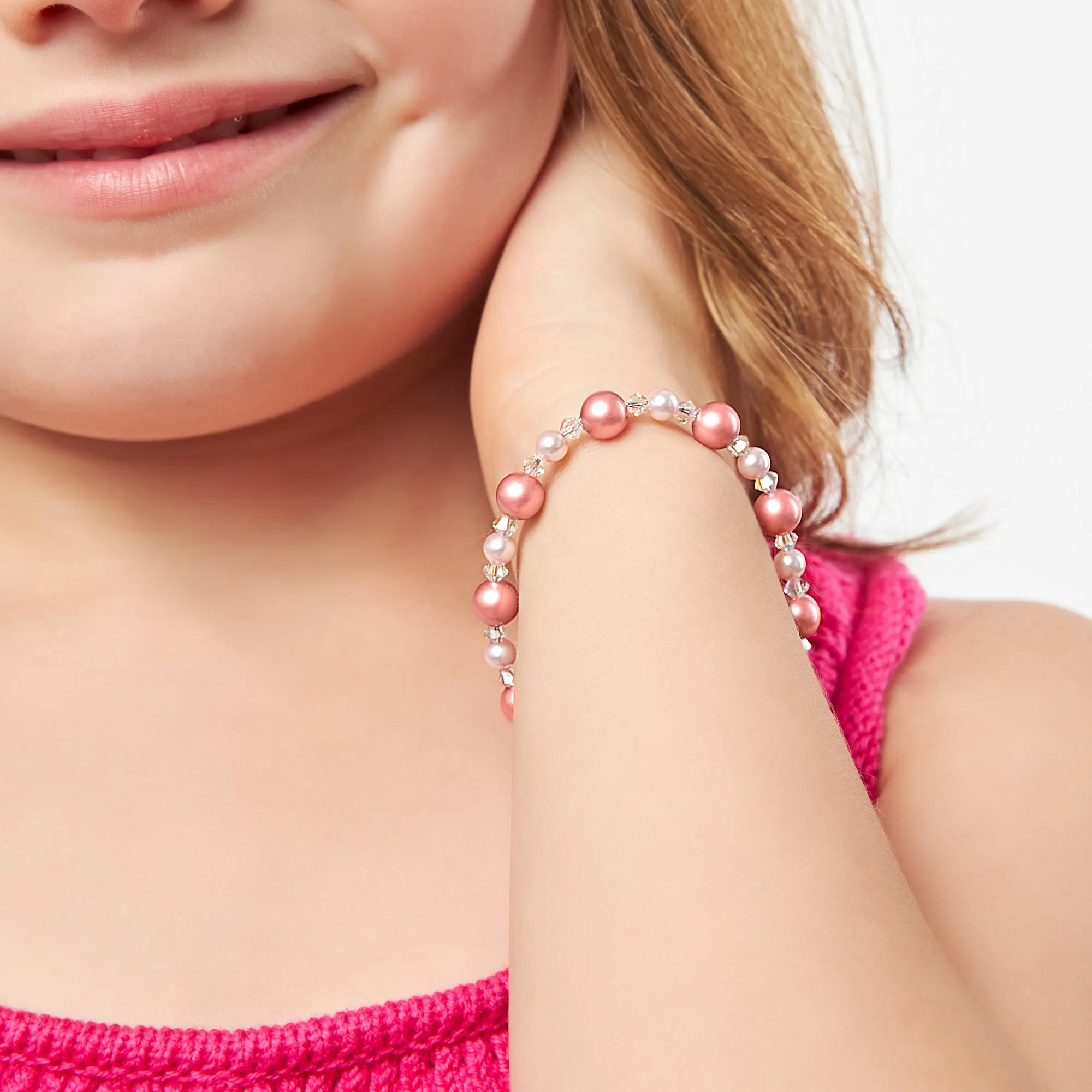 Teen Girl Bracelets with Rose & White Pearls & Clear Crystals