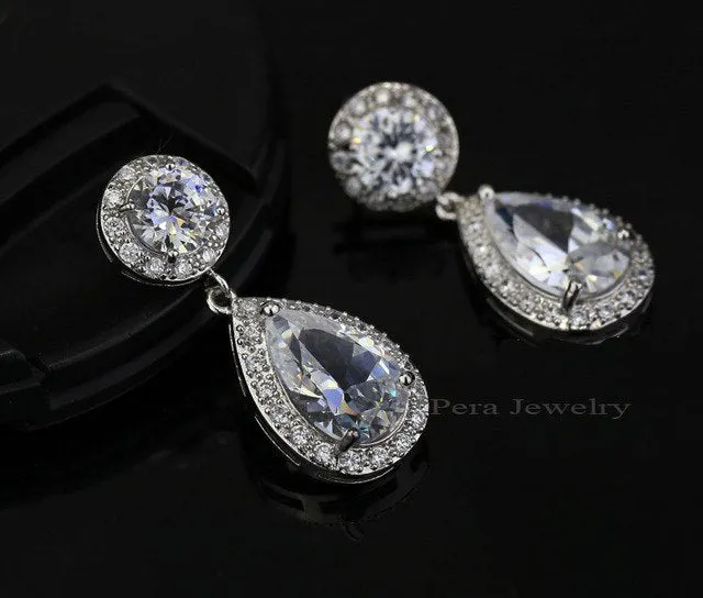 Top Quality Long Tear Drop Silver Color Cubic Zirconia Stone Big Round Dangling Earrings Jewelry For Women