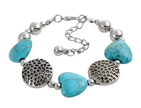 Vintage Tibetan Silver beaded Turquoise Heart Skull Elephant Cross 15 Style U Pick Adjustable Chain Wrap Bracelet Bangle Jewelry