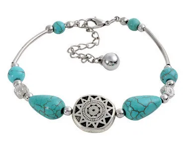 Vintage Tibetan Silver beaded Turquoise Heart Skull Elephant Cross 15 Style U Pick Adjustable Chain Wrap Bracelet Bangle Jewelry