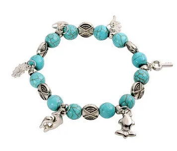 Vintage Tibetan Silver beaded Turquoise Heart Skull Elephant Cross 15 Style U Pick Adjustable Chain Wrap Bracelet Bangle Jewelry