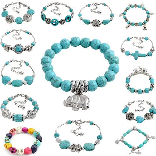 Vintage Tibetan Silver beaded Turquoise Heart Skull Elephant Cross 15 Style U Pick Adjustable Chain Wrap Bracelet Bangle Jewelry