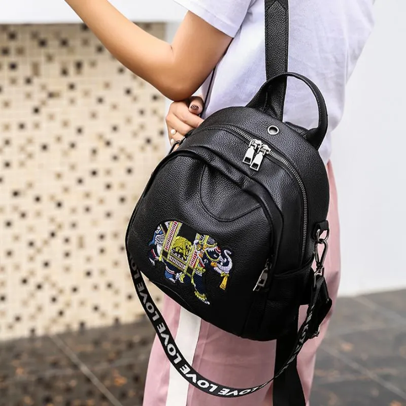Women's Summer Leather Backpack With Elephant Print