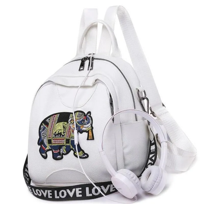 Women's Summer Leather Backpack With Elephant Print