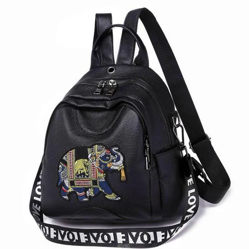 Women's Summer Leather Backpack With Elephant Print