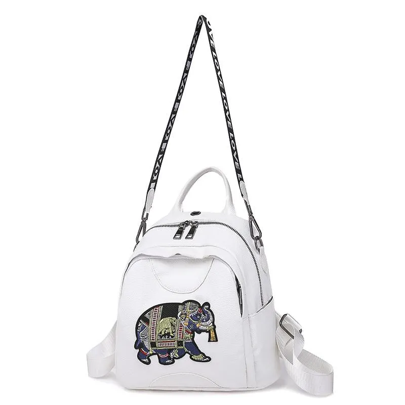 Women's Summer Leather Backpack With Elephant Print